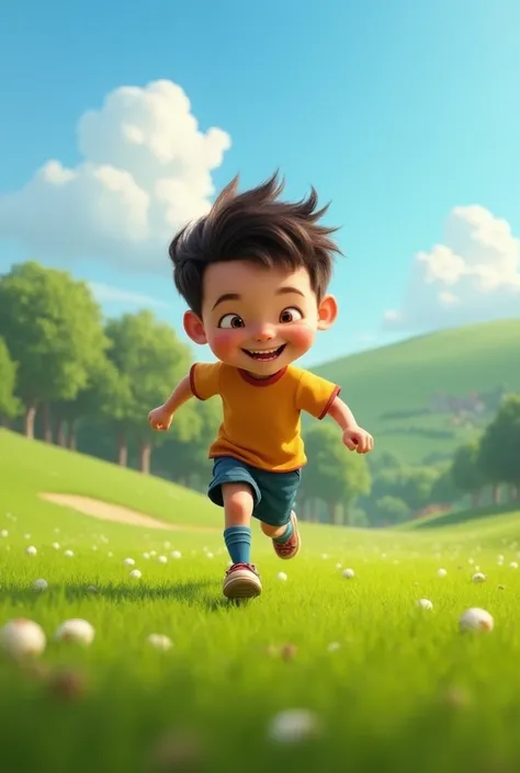 Create a Pixar-like image of a boy with a mushroom-shaped cut running on a soccer field