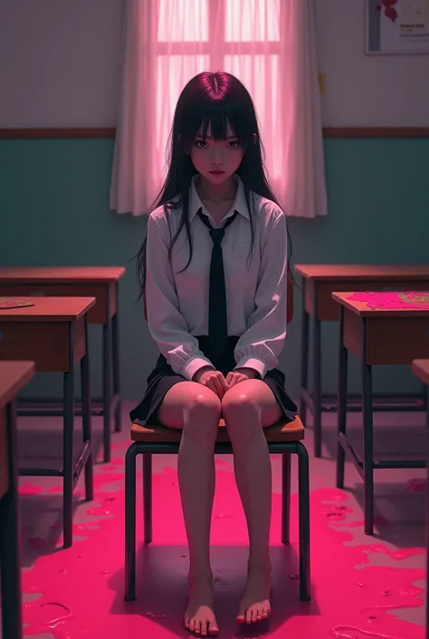 KyokoDG, 1girl, necktie, solo, jacket, shirt, looking at viewer, long sleeves, white shirt, collared shirt, sitting on chair, classroom, pink blood,