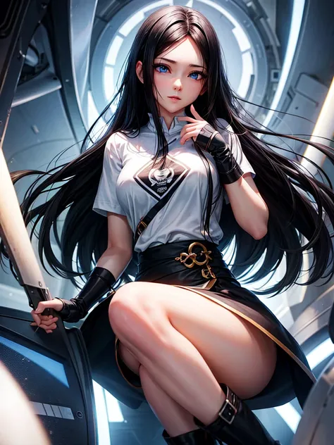 long black hair,Blue eyes, High resolution, Asia , Female Programmer ,White shirt ,Anime