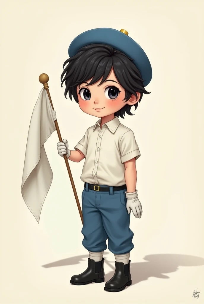 Draw a medium tall boy with wavy black hair , long eyelashes dressed in a white short-sleeved shirt tucked in and blue dress pants, with black booties and a white band around them, Also draw him some white gloves and have him hold a white flag and a blue b...