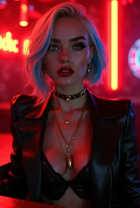  girl serbian model woman, asymetric whiteblonde bob hair with blue tips, darkgreen eyes, extra Volumen lashes, full lips, golden jewelry, grey neck tattoo,, at a club dancing a strip dance with blàck leather  red neon lights dancing on the stick or the ta...