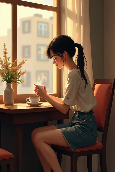 Girl sitting at a table in a cafe with coffee in front of her