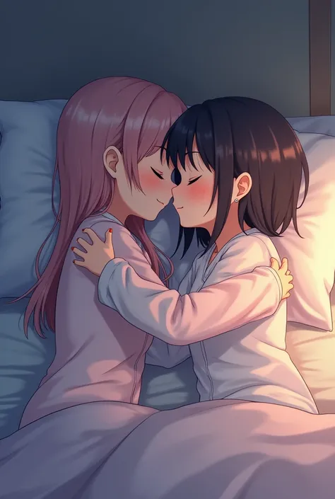 Two anime girls, on pijama, eyes closed, hugging each other, laying on the bed, at night