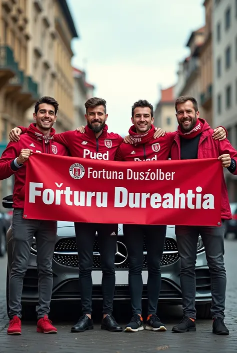 Four fans of Fortuna Düsseldorf with a banner that says: "Section Lower Franconia" in front of a Mercedes B Class.