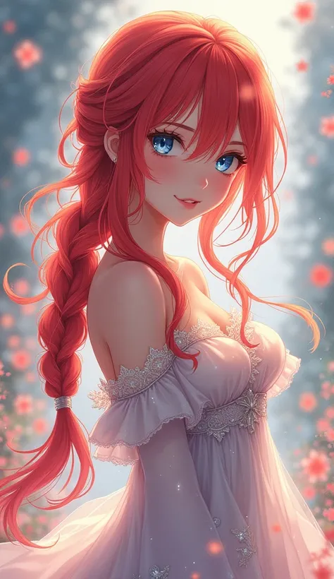 Beautiful anime girl with long red braided hair, blue eyes and long dress 