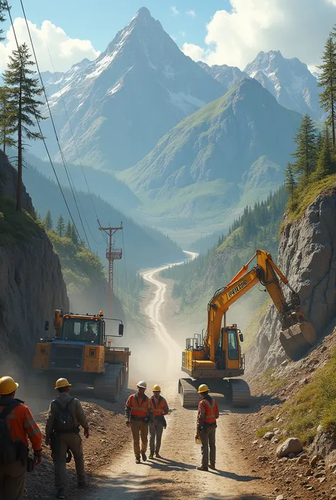 Heavy machinery at the construction site, with workers and Belaunde supervising, showing progress on the road that crosses mountains and valleys.
