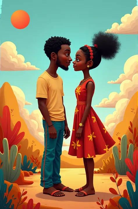 Lovers from African with local appearance in abstract background playing cartoonic view