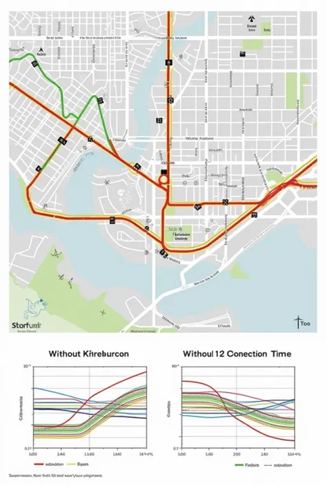 Design a map showing varying levels of traffic congestion along bus routes. Include visual indicators like color-coded traffic levels and icons for busy intersections. Create a diagram that compares travel times between stops with and without traffic conge...