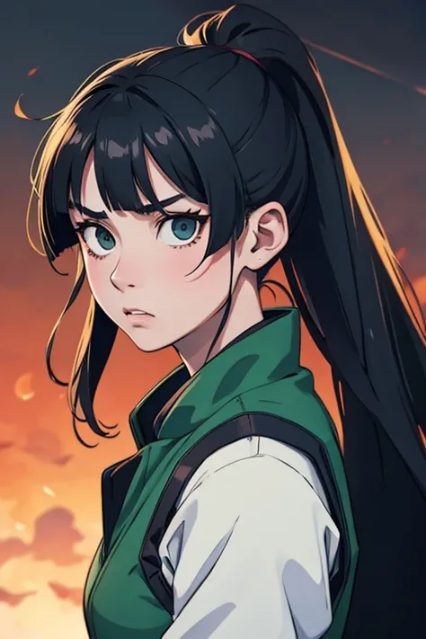 adolescente mujer en jujutsu Kaisen ,green eyes , long black hair tied in a ponytail, with the uniform of the Tokyo Sorcery High School(Navy blue), Straight bangs, Vein of anger, eyebrow raised, sorprendida, primer plano