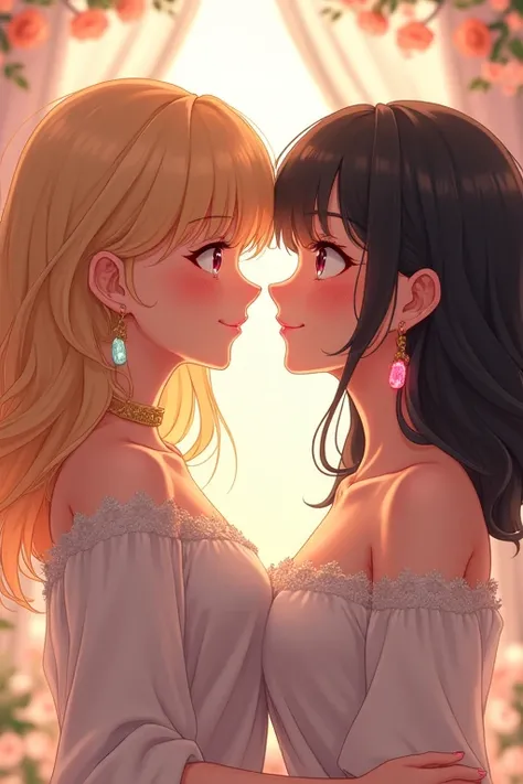 Two girls flirting、cute、Blonde, Black Hair, Earrings, Blushing, smile, anime, anime風, Character Design, movie, 