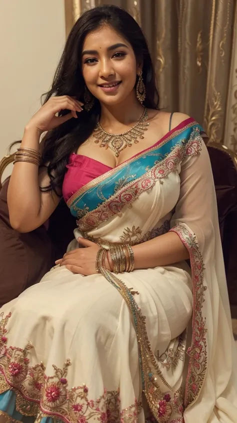  Xtreme Close up shot, A radiant South Indian 30 year old woman with a smile, chiffon cream colour chiffon body fit half gown and light pink highly embroideried red colour strapless deep neck blouse wearing plus sized bbw aunty ,with her curvaceous figure,...