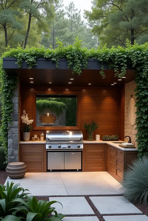 Create an outdoor gourmet area with a barbecue with a barbecue bench and a part for a bathroom