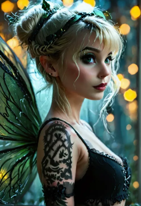 dark tinkerbell, goth fairy, with a tattoo on her chest, in style of anne stokes, full body pose, full length portrait of fairy,...