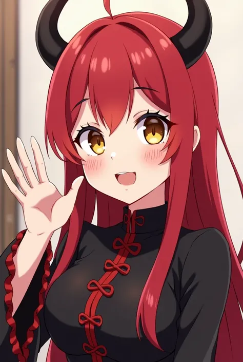 Waist-up portrait of Arnés, a young and attractive demon woman from the anime Konosuba. Frontal pose, looking directly at the viewer. Friendly smile, waving with one raised hand visible in the frame. Long, straight hair in intense red color, flowing down p...