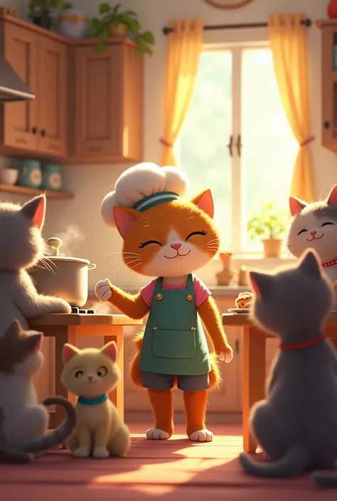 Cat is cooking in kitchen and enjoying with family 