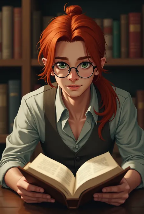 The gender is male, the hair is red, tied back, he wears round glasses, and he is holding a book.