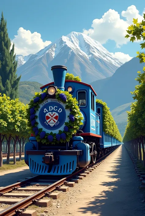 Train with wagons covered in bunches of grapes with the shield of the Godoy Cruz Club in front of the train, Train painted in blue and white, blue and white painted barons and mountains of fodno