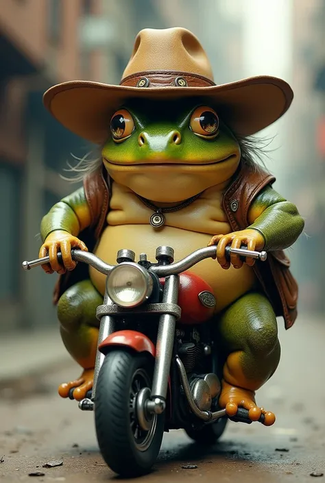 A fat, hairy frog with a cowboy hat on a mini motorbike, he&#39;s ugly but very rich.
