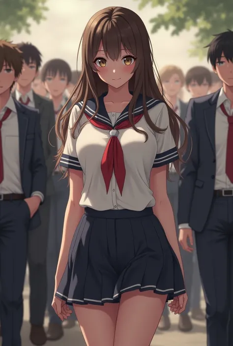 School girl in short skirt and mini uniform, her breasts are quite big, beautiful and sexy surrounded by many men 