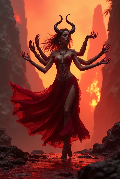 An amazingly beautiful demon girl with six arms dancing,  in the bloody scary Hell, vivid color palette, dramatic shadows, cinematic composition, digital art, concept art style, hyper detailed, 8k, photorealistic, Wearing beautiful and delicate jewelry