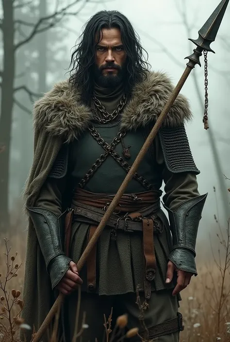 a medieval fantasy wild hunter, long spear, chain mail armor, messy long dark hair and beard, tall, detailed face, piercing dark eyes, young, muted color palette, gritty