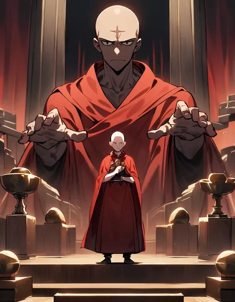 A man in a red cloak stands above a temple altar. He is bald as a scar, has no eyebrows, a very serious face. holding a knife in his left hand and a chalice in his right. Very dark face.