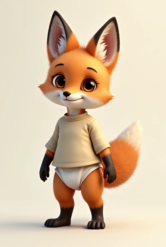 Make a fox cub. I want it in humanoid shape. Standing. I want him to have a little blouse. I want him to wear diapers. realism. 