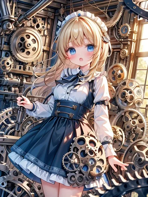 masterpiece, Best Quality, Very detailed, 8k, Ultra-high resolution, Cowboy Shot, One Girl, Detailed face, Perfect Fingers, blue eyes, Blonde, Braiding, Silk dress, (A room full of machines:1.4), (gear:1.4), gramophone, Pipes, steam, Power furnace, factory