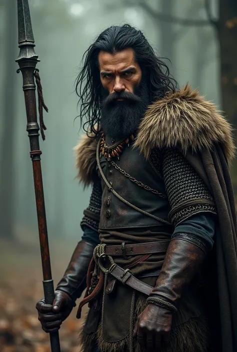 a medieval fantasy wild hunter, long spear, chain mail, messy long dark hair and beard, tall, piercing dark eyes, young, muted color palette, gritty, leather bracers