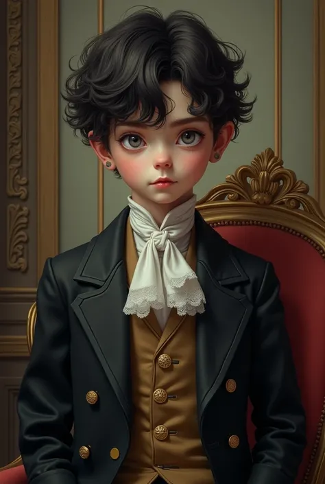 Create a boy with white skin and grey eyes, black hair and messy hairstyle, that this dress like the Victorian era, that he be a young king 

