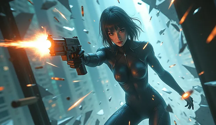 sexy ghost in the shell inspired female heroine bursting through a glass window towards the camera, holding a gun in each hand. bullets flying, mid combat