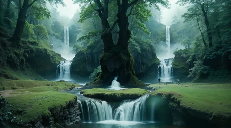 Under the round island floating in the air there is a waterfall, In the center of the forest nature, a glowing soul, this is a kind aura of silence, around there is silence and peace, only two waterfalls on both sides flow beautifully in the direction of t...