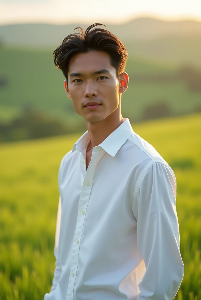 Thanawat Rattanakitpais Thai bl actor Wearing white shirt and standing at green field in Ireland.