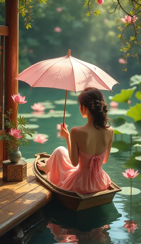 Beautiful woman holding pink and white umbrella sitting on small wooden boat and small stone pond, full of lotus flowers and surreal accents. Romantic 3D view from above. Silver and gold flikri base. Intricate box details around antique table in warm room,...