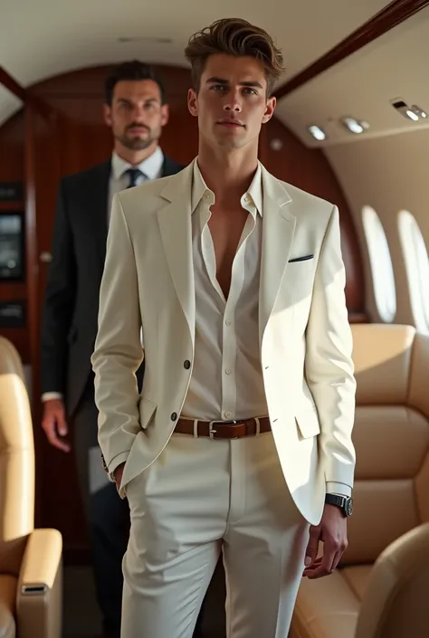 Write a prompt, there is a 20 year old handsome boy who is wearing a white blazer and is standing on the seats of a private jet, his bodyguard is also standing behind him