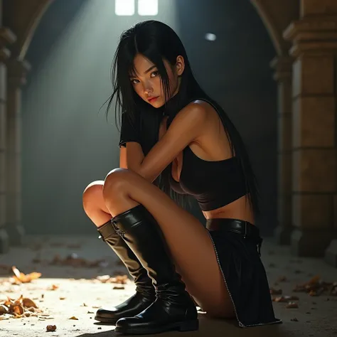 8k, RAW photo, best quality, ultra high resolution, (photorealistic), realistic photo of skinny japanese girl dressed as tifa lockhart, (tifa lockhart), (skinny japanese girl, 20 years, most beautiful japanese girl in the world, black hair, straight hair),...