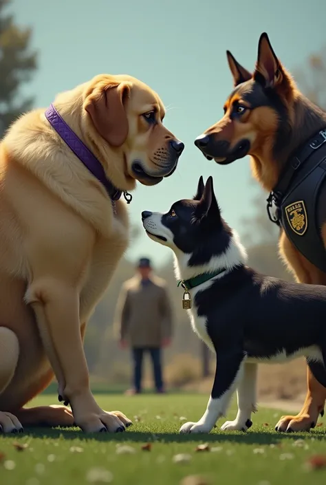 Je veux une image qui représente:
Au premier plan deux chiens en train de faire une transaction de canabis.
Le premier chien un très gros labrador, obèse avec un collier violet et des contours des yeux très noir.
Le deuxième chien est border coli avec le p...