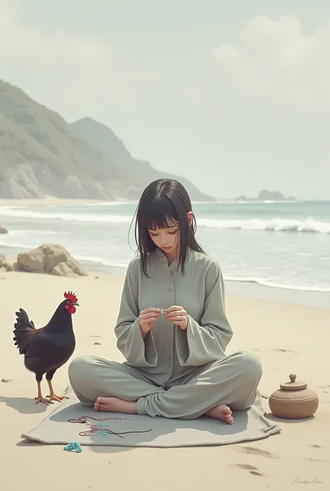 Gray May Stitch on the Beach with Chicken
