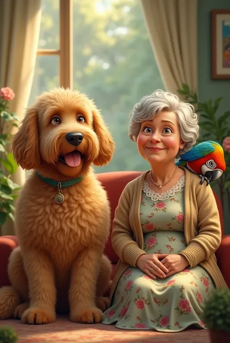 an obese golden labradoodle with a granny and a parrot 