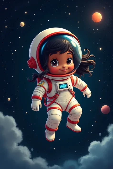 black astronaut with wavy hair floating in space childish features with helmet

