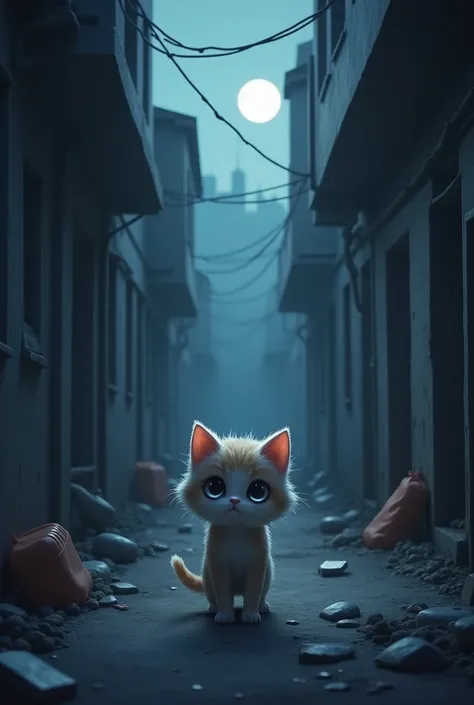 A small, shivering kitten stands in the middle of a dark, abandoned alley.The moonlight casts a faint glow, barely lighting up the surroundings. 3d pixer
