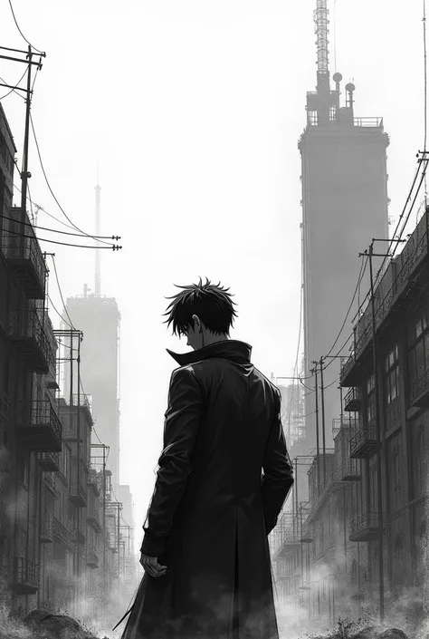 Cover for manga ,silhouette, city, Mar, hand drawn manga style, pencil, manga drawing, Manga style, manga draw, black and white