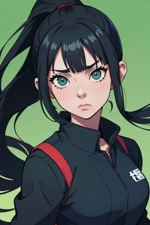 adolescente mujer en jujutsu Kaisen ,green eyes , long black hair tied in a ponytail, with the uniform of the Tokyo Sorcery High School(Navy blue), Straight bangs, confundida, vena de la ira , primer plano,Molesto, 