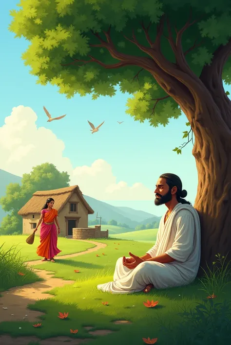 : "Create a peaceful rural scene depicting Rishi Kaundinya and his wife Sushila living in a simple, traditional Indian village. Their home is a modest mud house with a thatched roof, set amidst green fields and trees. Kaundinya, dressed in white robes, is ...