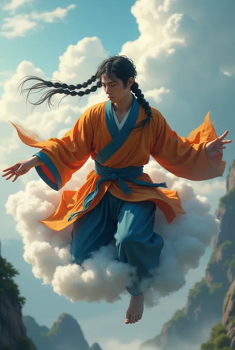 Dark-haired man with a braid flying on the flying cloud in the turtle school costume