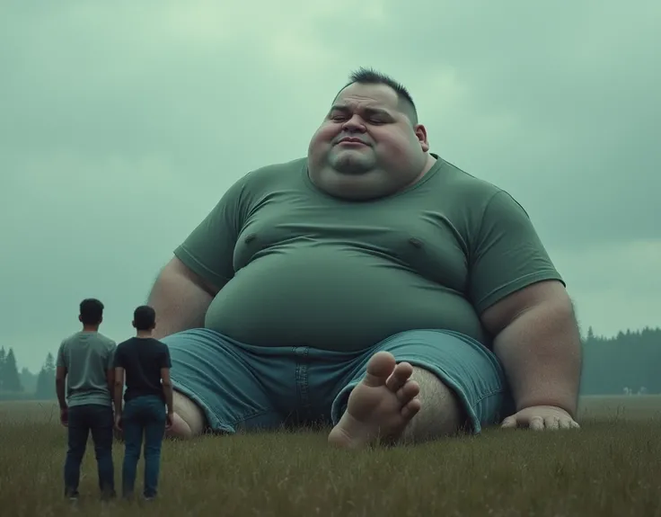 In a surreal and thought-provoking scene, a huge, lifelike, fat man lies on the grass with a sad expression on his face. The figure appears to be a giant in a chipmunk T-shirt, but has surprisingly realistic human features. Compared to the three people in ...