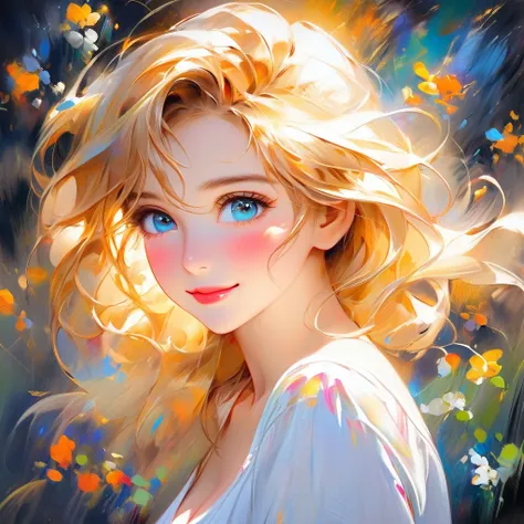 Impressionist painting, with the sunlight reflecting in golden color on the blond hair of a young beautiful girl. Touches with wonderful shades her form, a wonderful painting in impressionist style, on a dark background. Her beautiful memory is visible on ...