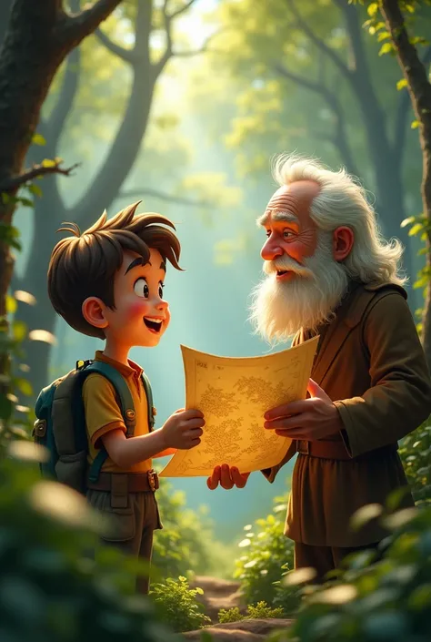 Boy is happy after getting a map and thanking an old man in a forest 