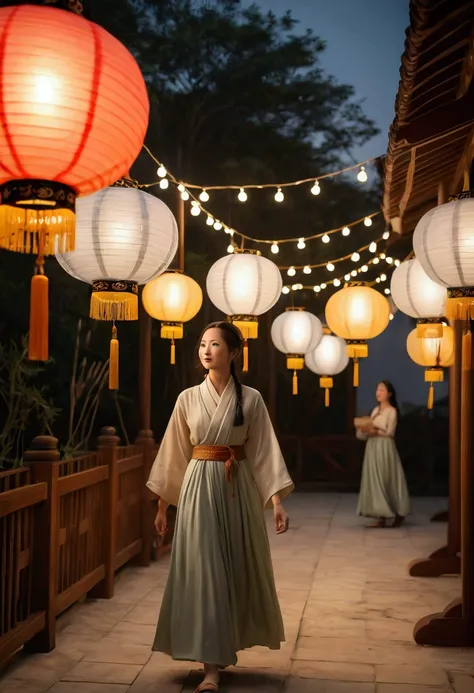 At an outdoor Mid Autumn Festival birthday party, colorful lights and lanterns were hung up, and guests gathered together under the moonlight. The colors are mainly the colorful  and the silver white moonlight, while the light and shadow are mainly the glo...