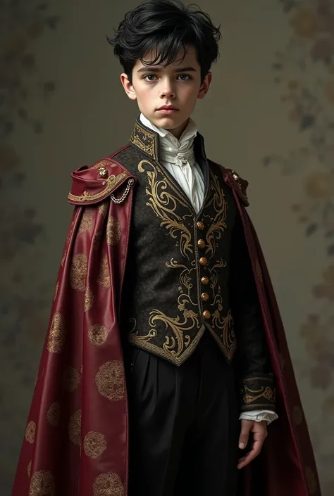 Create a boy with white skin, light gray eyes, a prominent jaw, thin and tall, messy black hair, dressed like a king in Victorian times.